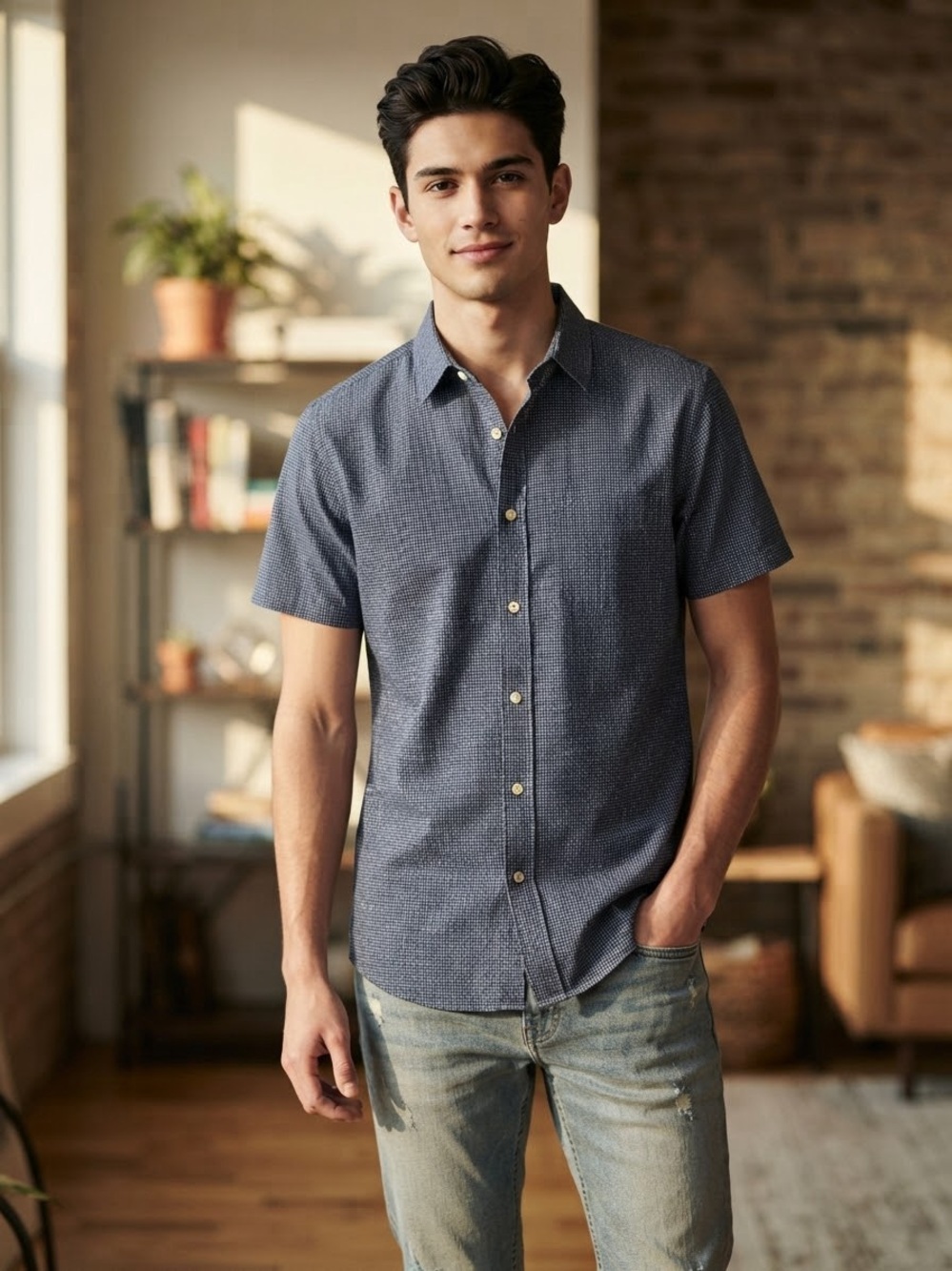 Banana Republic Navy and White Short Sleeve Button-Down Shirt